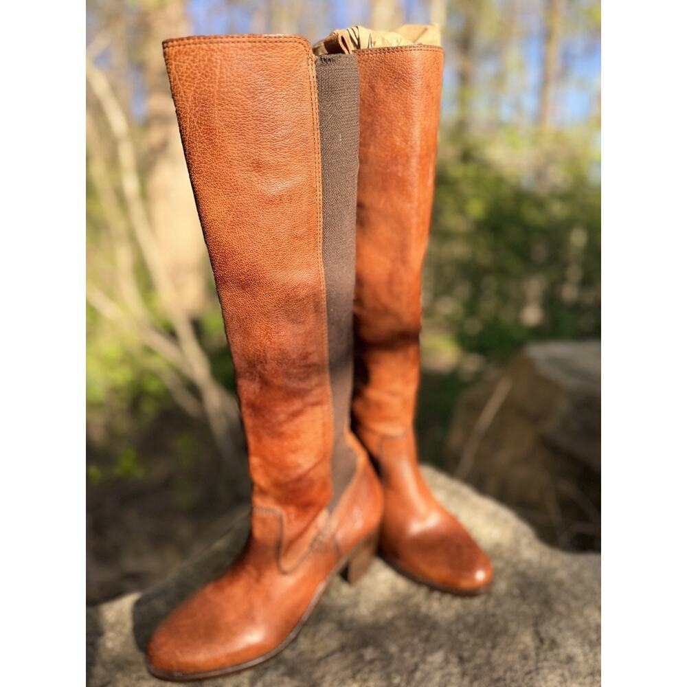 Frye Melissa Button Brown Leather Riding Boots Sz 6.5 B Tall Pull On Stretch 401 - Picture 9 of 13